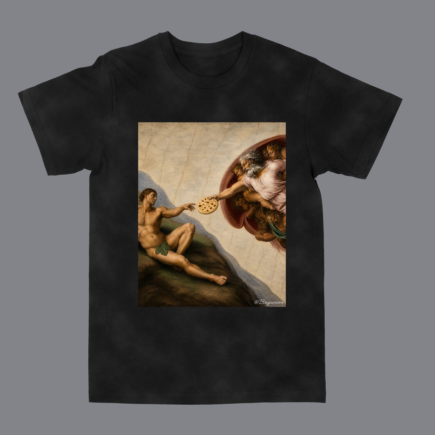 A black short-sleeve crewneck t-shirt featuring a large rectangular graphic print on the front. The print depicts a classical painting scene with a nude male figure reaching for a pupusa, set against a dark gray background.