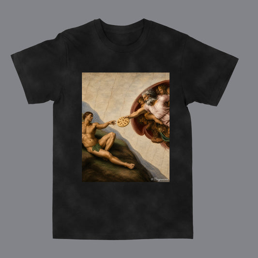 A black short-sleeve crewneck t-shirt featuring a large rectangular graphic print on the front. The print depicts a classical painting scene with a nude male figure reaching for a pupusa, set against a dark gray background.